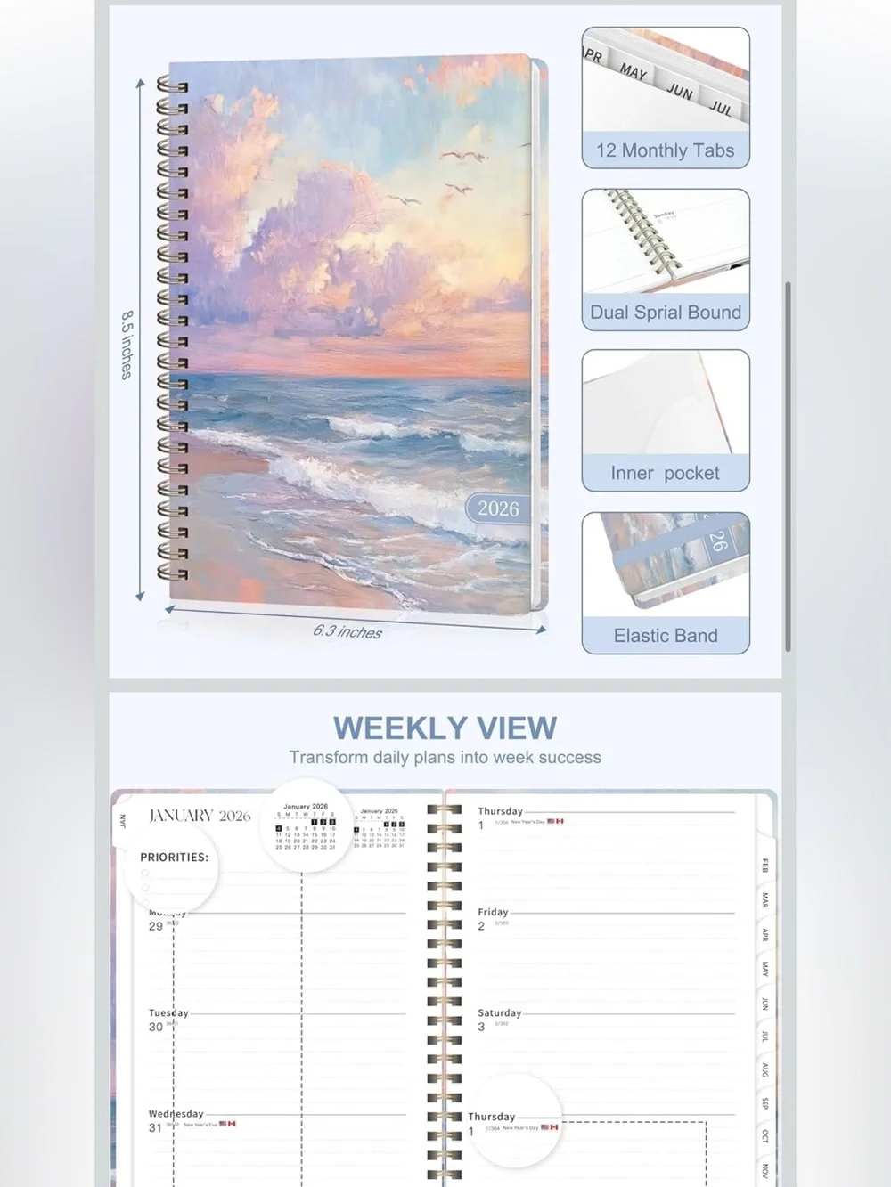 Spiral Planner Notebook with Pastel Seascape Cover Jan-Dec 2026